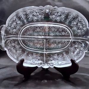 Vintage Heisey Crystal Belle-Le-Rose Etched 2 Handled 3 Sectioned Dish 1938-1942